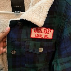 Angel Baby Sherpa Blue and Green Plaid Cropped Bonnet Jacket